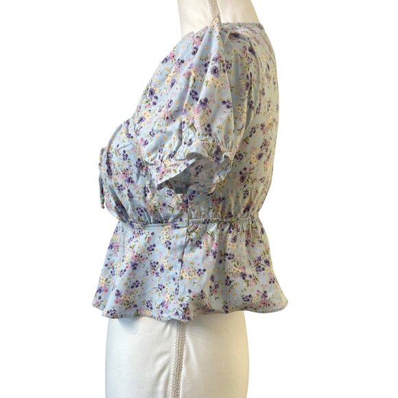 Floral Puff Sleeve Cropped Blouse With Button Front & Tie Detail -Junior Size L - Picture 2 of 11